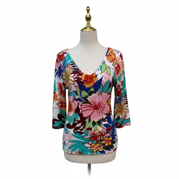 Boston Proper Tops - Boston Proper Top Sz M Bold Floral Print Stretch Split Sleeve Resortwear Vibrant